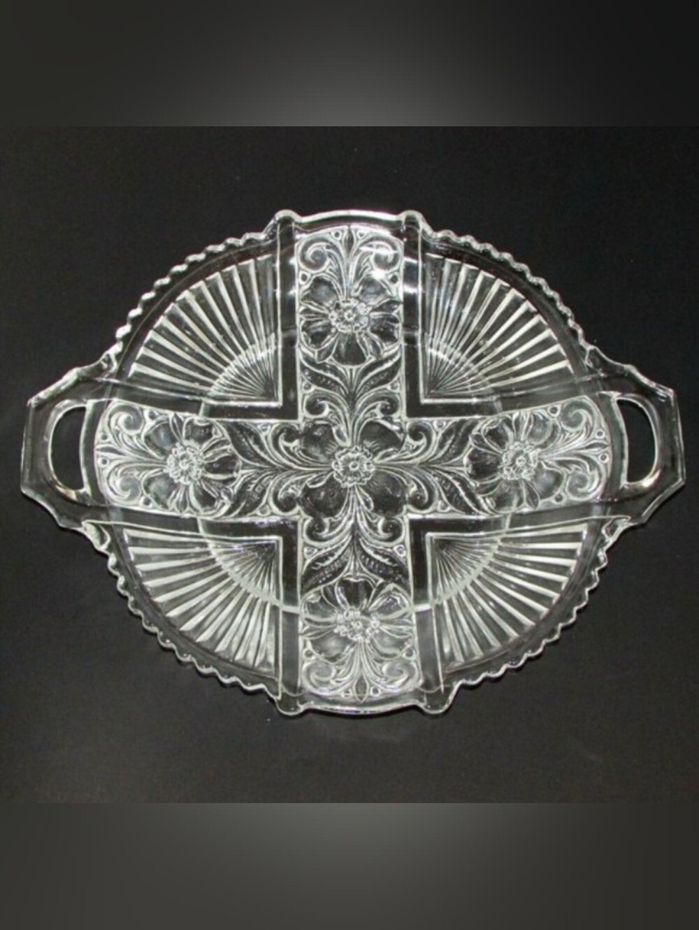 Vintage Pressed Glass Serving Plate With Handles Floral Flowers Cottagecore